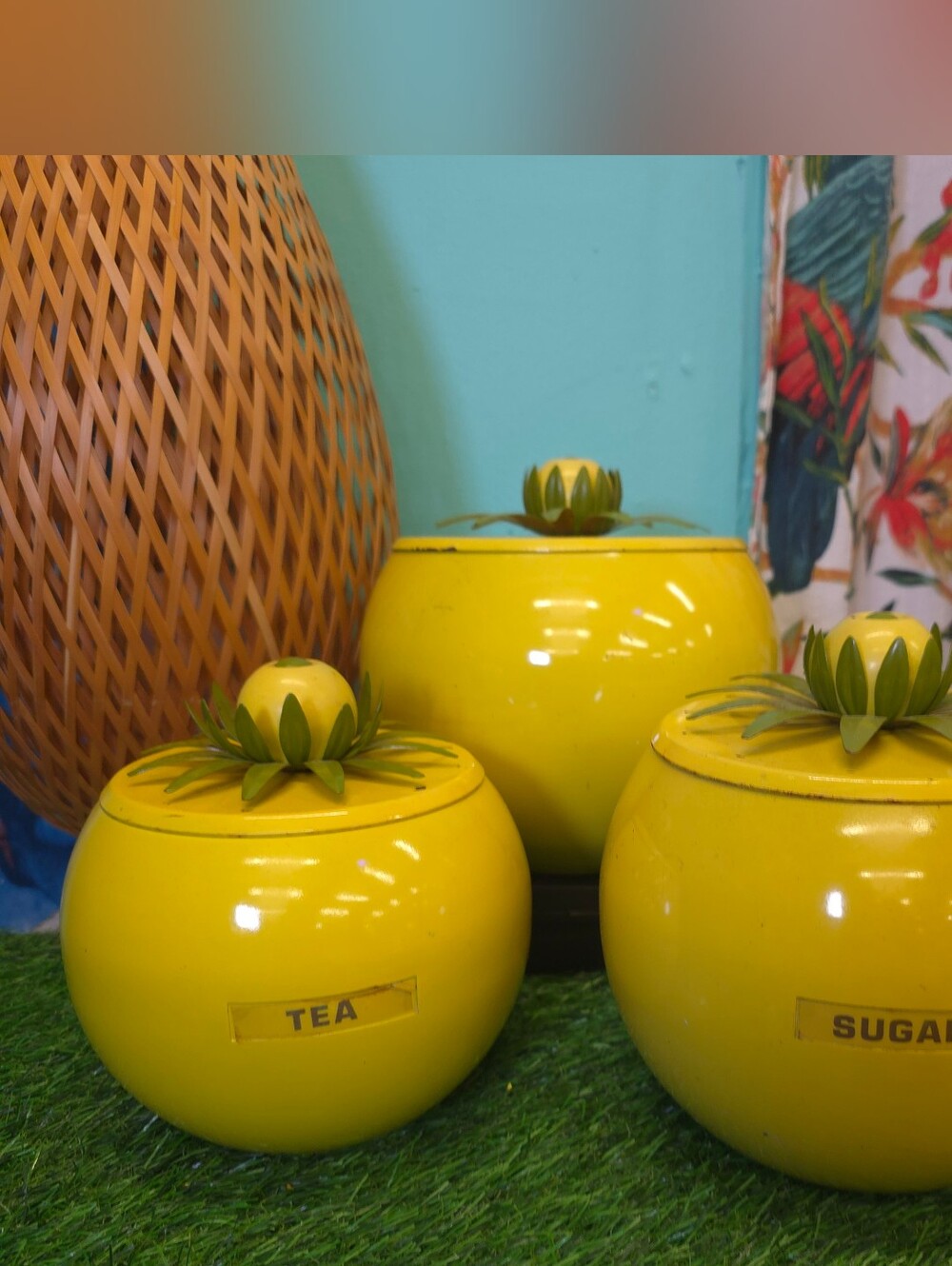 Vintage Yellow Metal Lemon Top  Tea & Sugar Canister Set